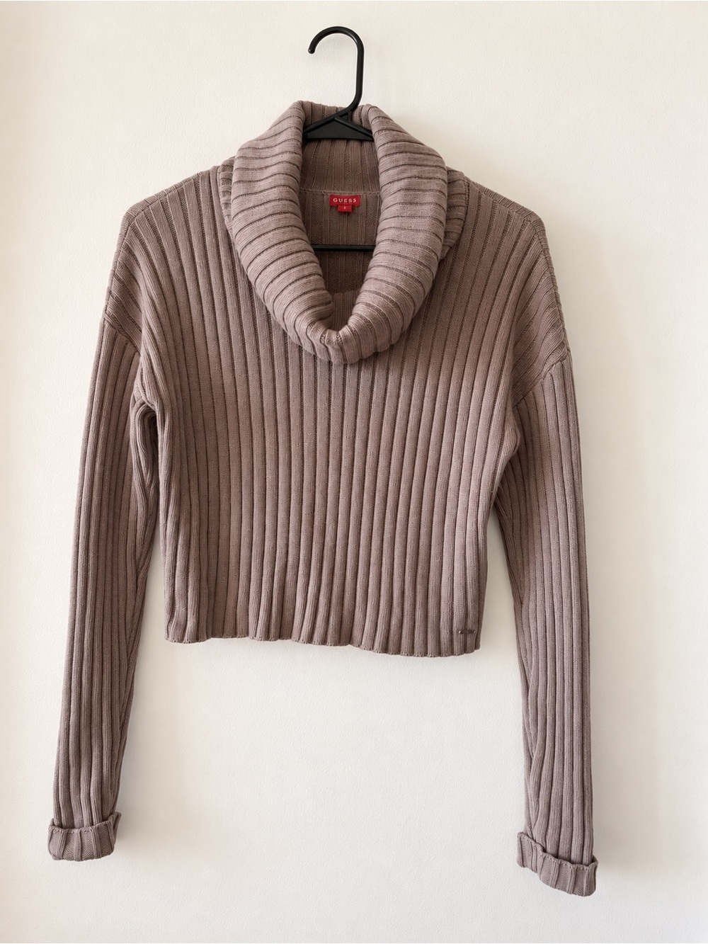 GUESS Ribbed Cropped Cowl Neck Sweater Taupe Size S